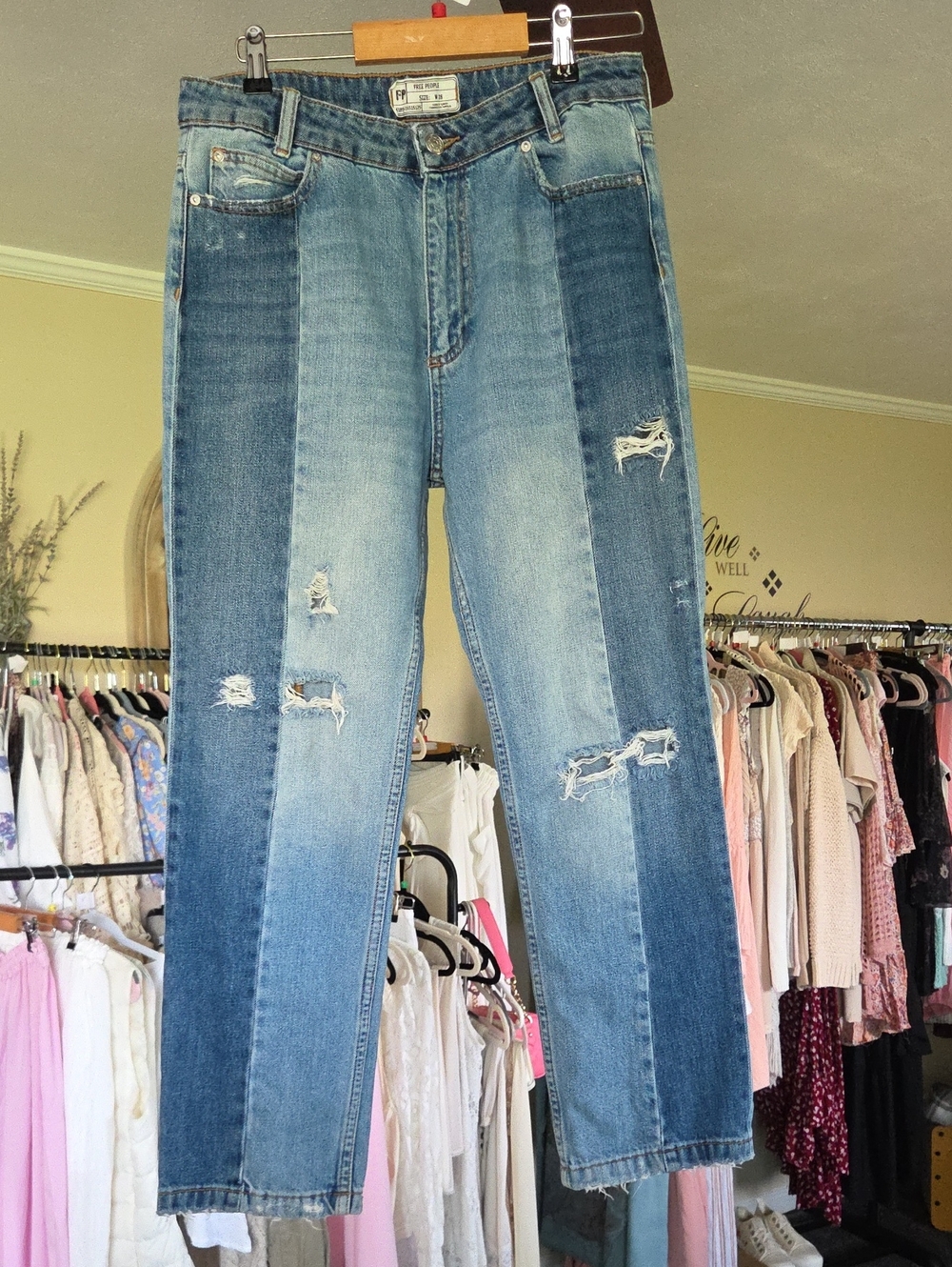 Free People Two-Tone Blue Straight Leg Jeans